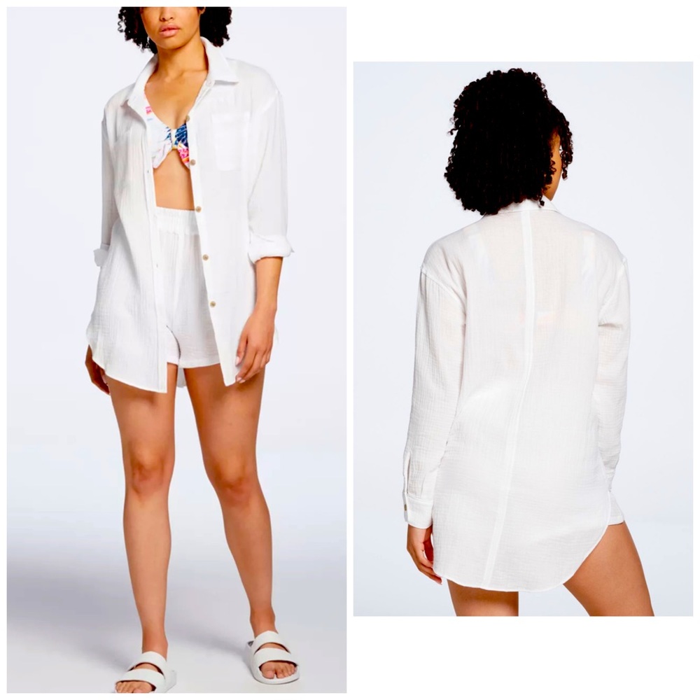 CALIA white cotton gauzy button down coverup classic tunic dress L